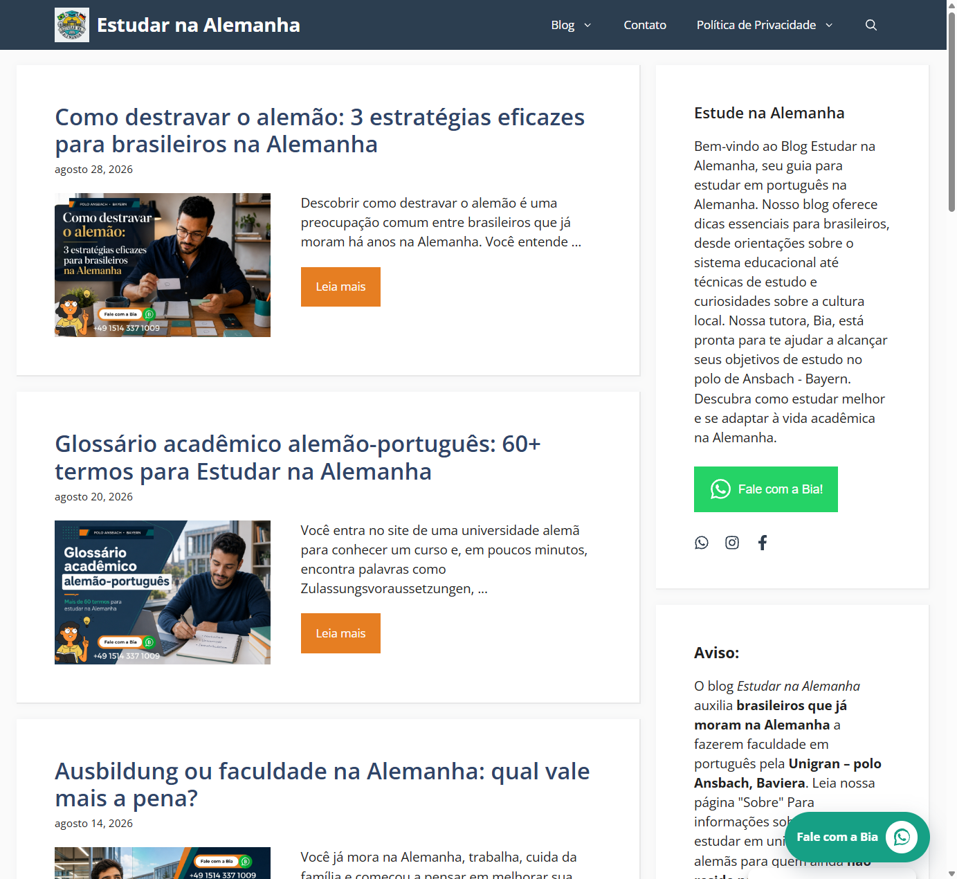 Página do portal Estudar na Alemanha, projeto de conteúdo e SEO do Studio Urzeda