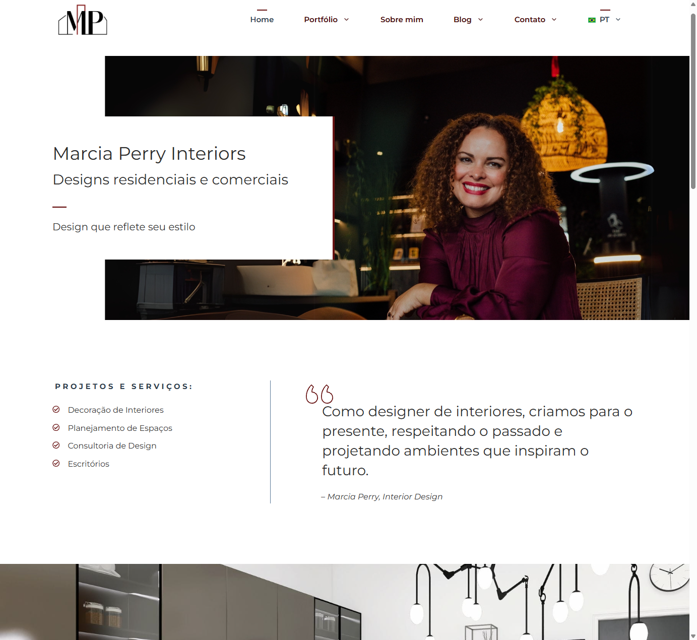 Página inicial da Marcia Perry Interiors, desenvolvida pelo Studio Urzeda